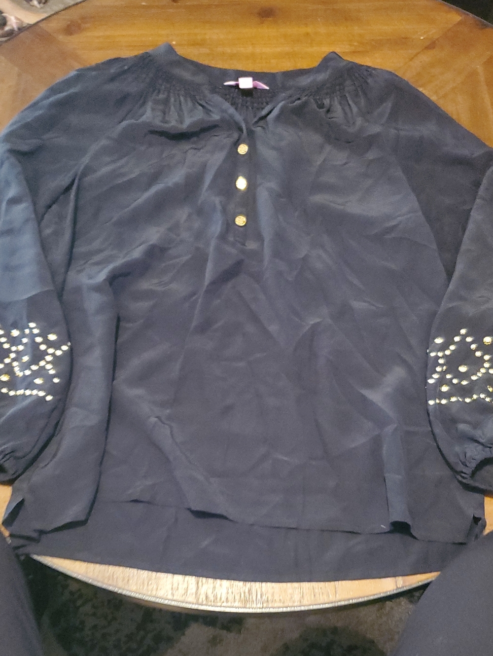 Lilly Pulitzer Black Long-Sleeve Henley Blouse with Gold Buttons